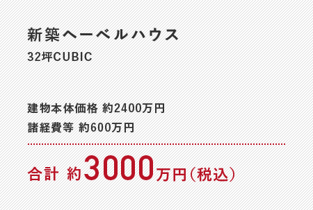 新築ヘーベルハウス 32坪CUBIC 建物本体価格：約2400万円 諸経費等：約600万円 合計：約3000万円（税込）