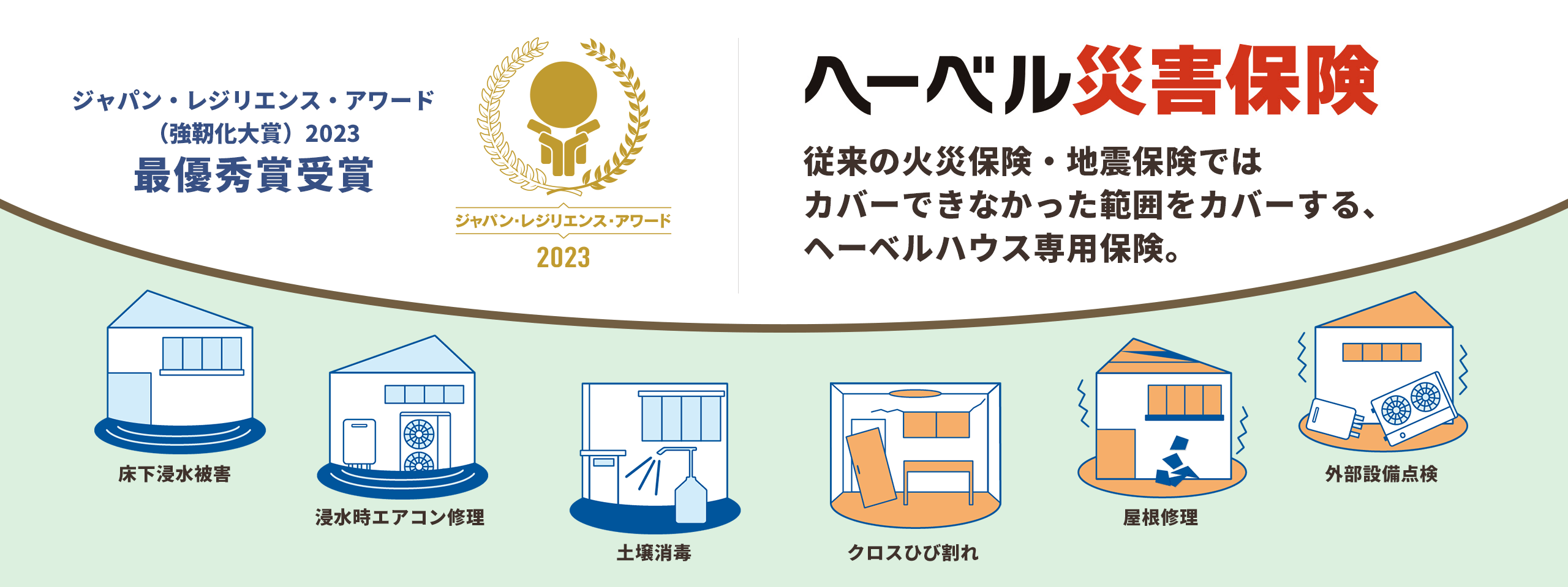ヘーベル災害保険 従来の火災保険・地震保険ではカバーできなかった範囲をカバーする、へーベルハウス専用保険。