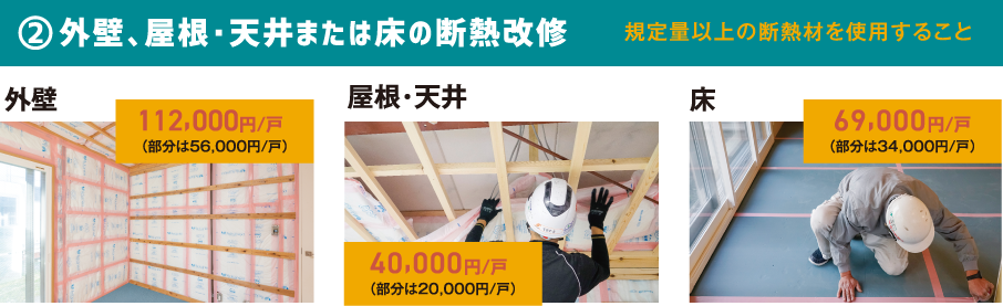 ②外壁、屋根・天井または床の断熱改修 規定量以上の断熱材を使用すること